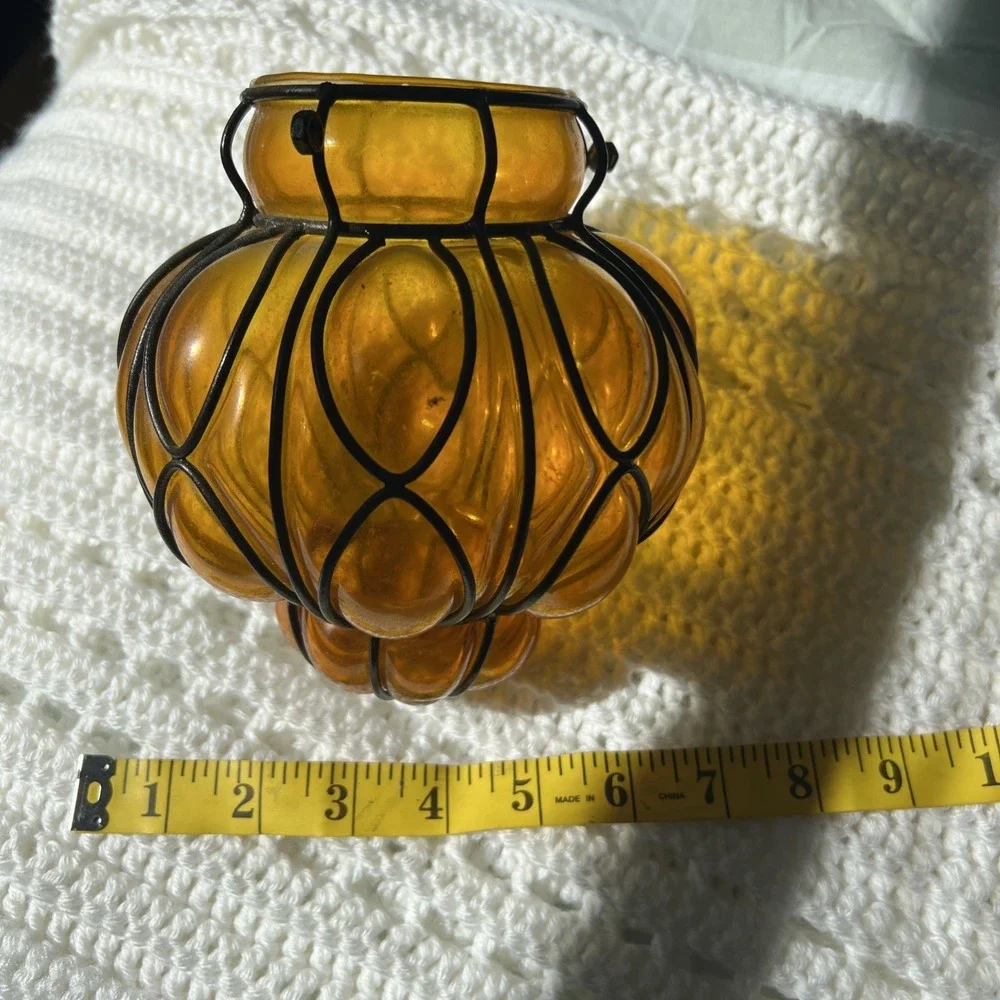 Hanging Iron Caged Amber Glass Bubble Candle Holder Luminary Vase Moroccan  MCM